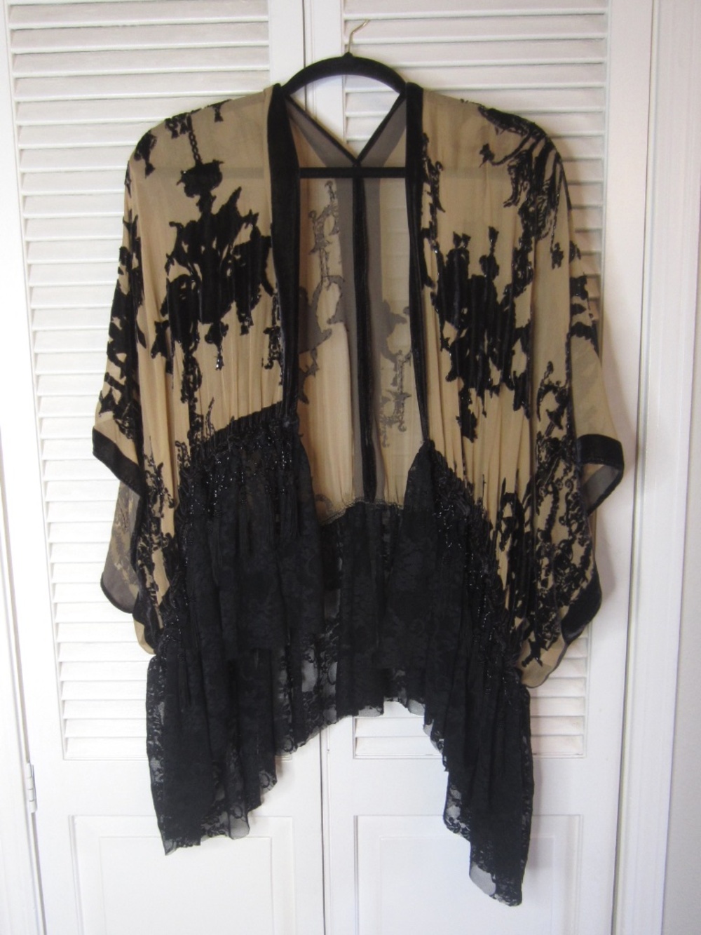 Vintage Rose Velvet lace beaded tan and black kimono - one size